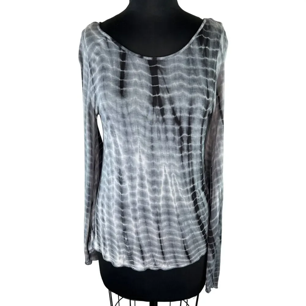 FREE PEOPLE Blue White Tie Dye Flare Bell Sleeve Boho Shirt Top M Medium FLAW